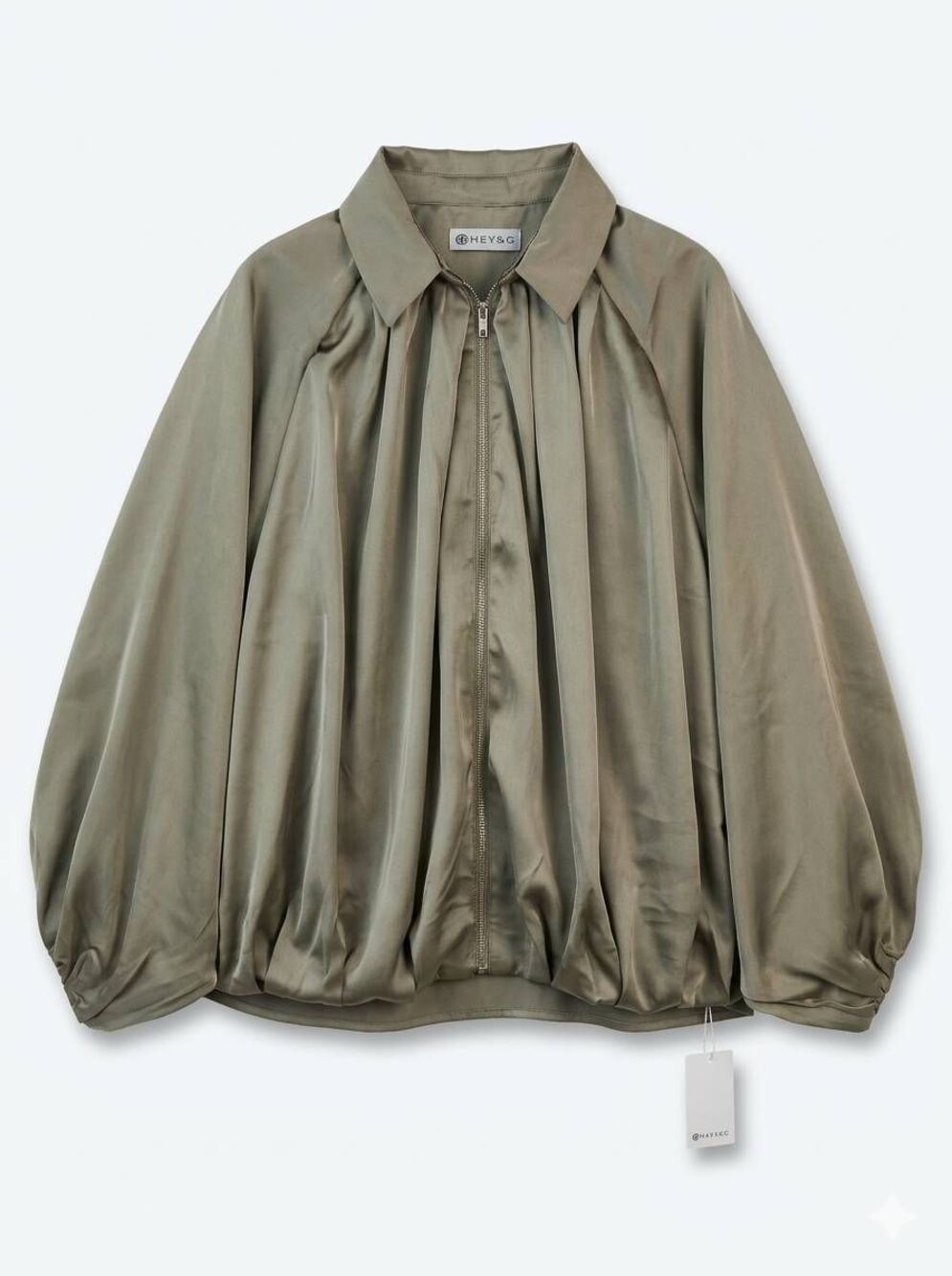 💬🩵NWT Olive Green Satin Puff Long Sleeve Bomber Jacket Medium
